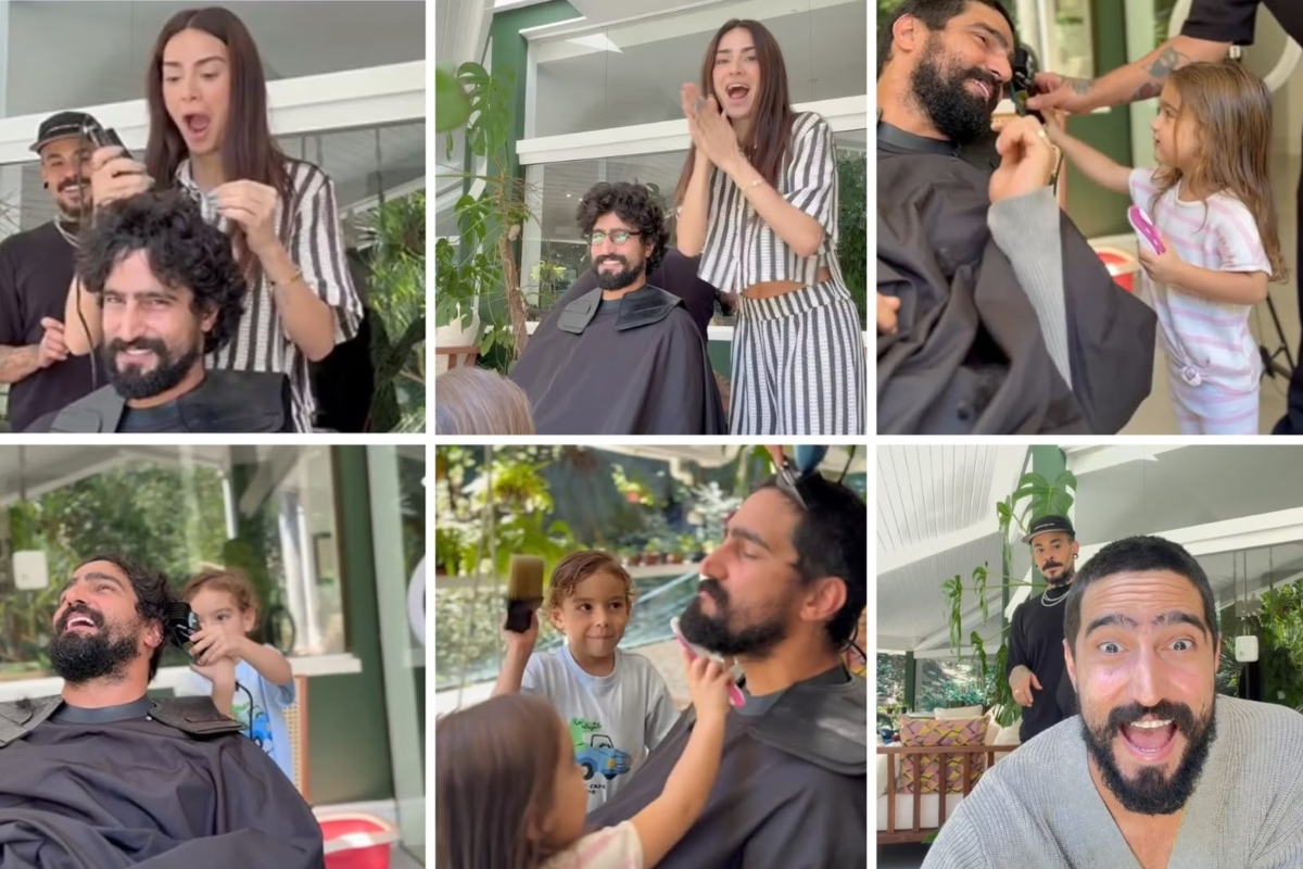Thaila Ayala e os filhos cortam o cabelo de Renato Góes