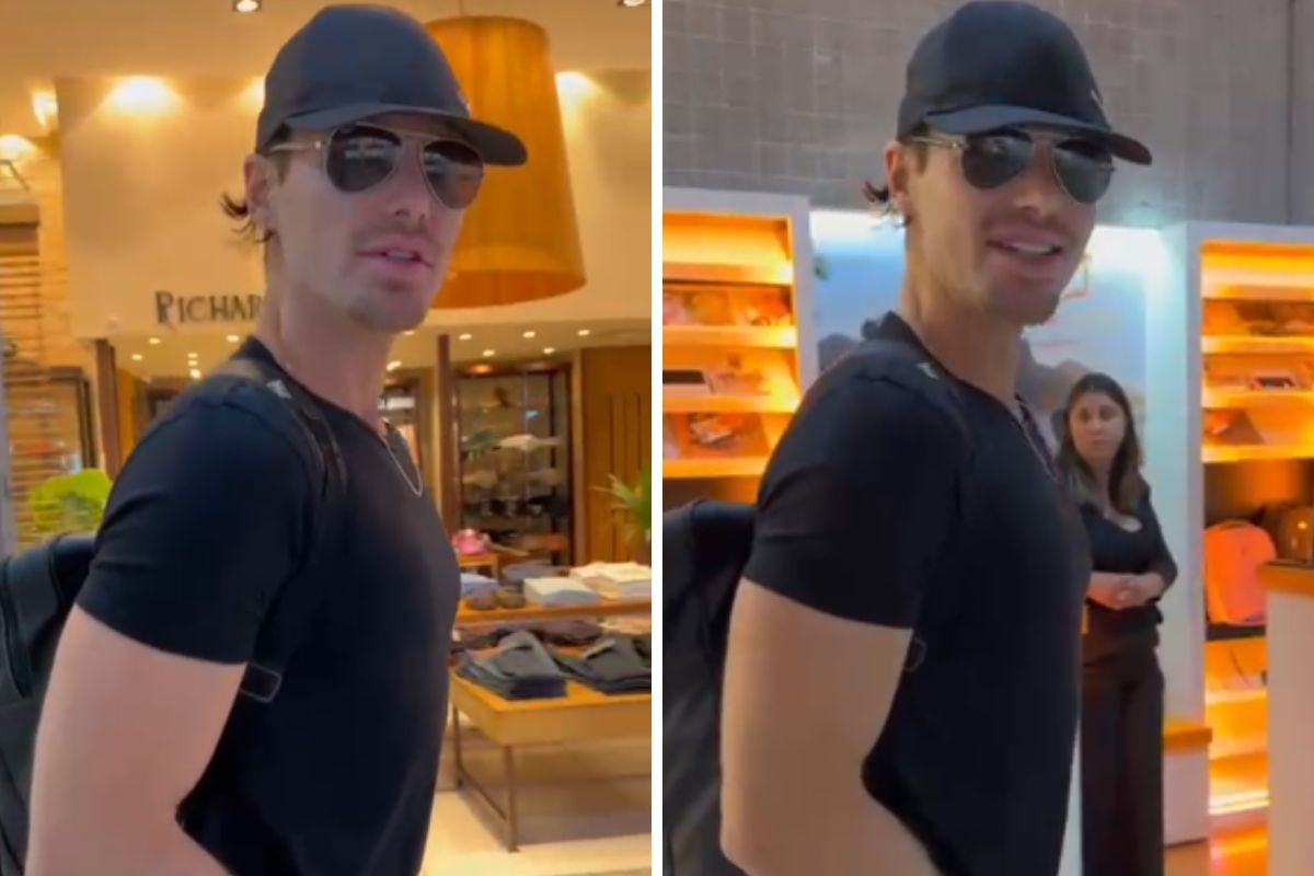 Jonatas Faro no aeroporto Santos Dummont falando de 'A Fazenda'