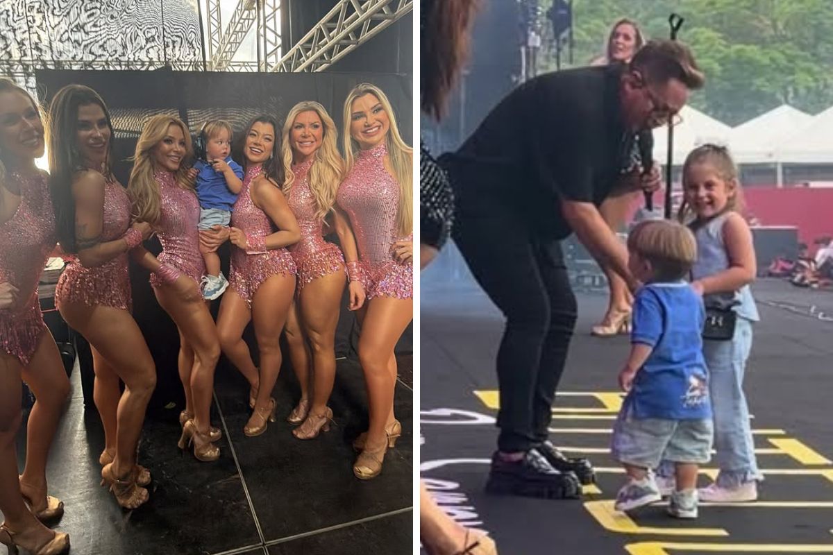 José Leonardo com as bailarinas no show do avô