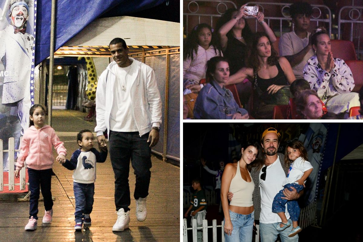 Marcelo Mello Jr, Nanda Costa e Paulinho Vilhena com filhos no circo Khronos